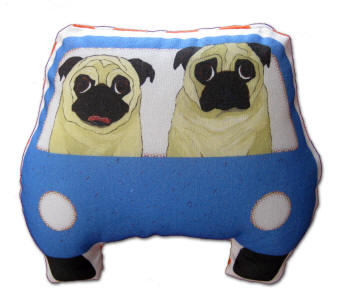 2 Fawn Pugs in their Blue Car