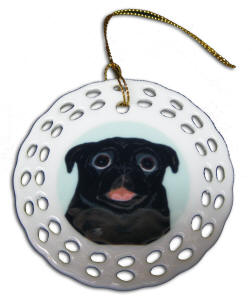 Porcelain Round Cut-Out Ornament - Pug Design A70