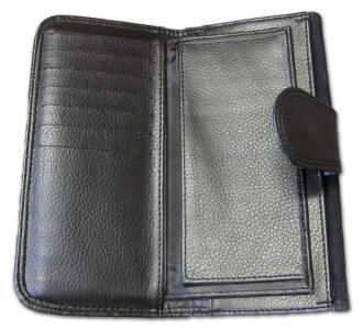 Inside large wallet showing pockets and checkbook cover.
