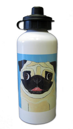 Water Bottle shown with flip top & Pug Design A28
